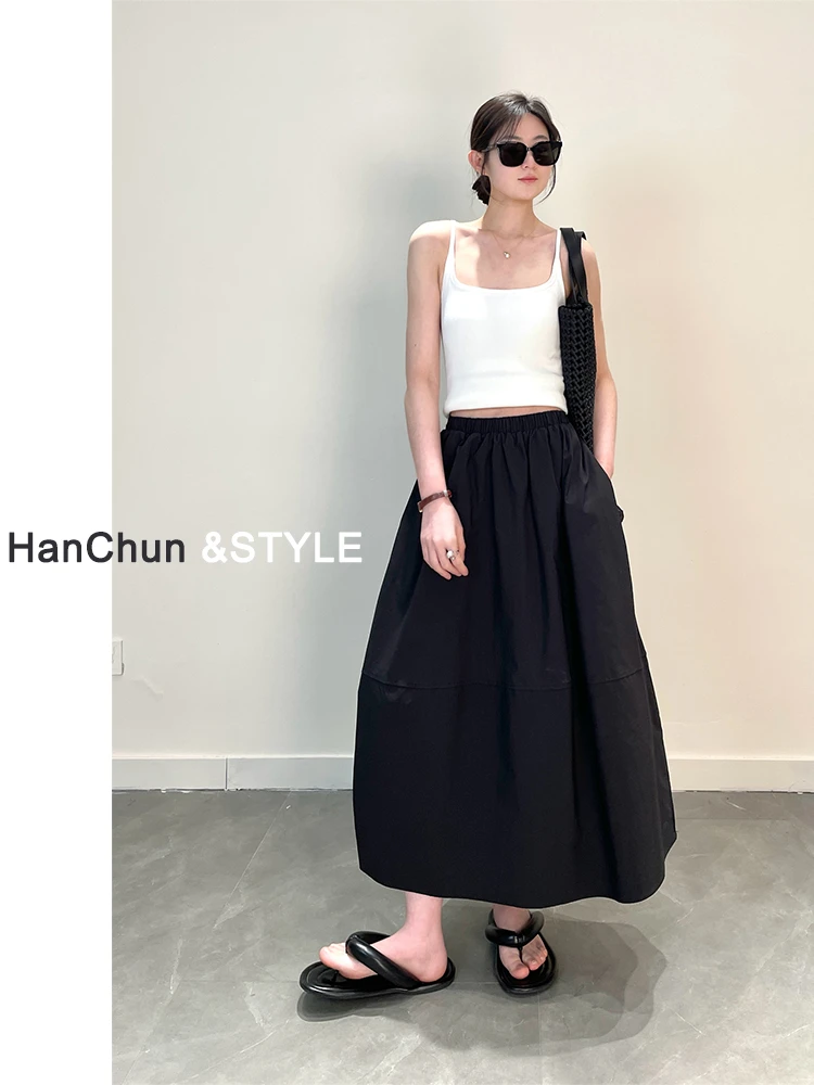 黑色半身裙女长款夏季小个子垂坠感花苞伞裙梨形遮胯显瘦a字长裙