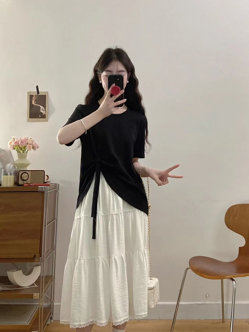 （琳琳家）大码胖mm简约休闲套装女夏季遮肚显瘦上衣半身裙两件套