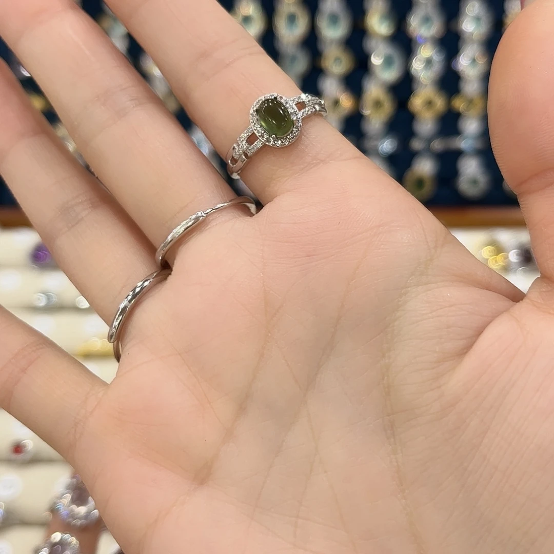 蛇纹石玉女款银S925镶嵌希*戒指89