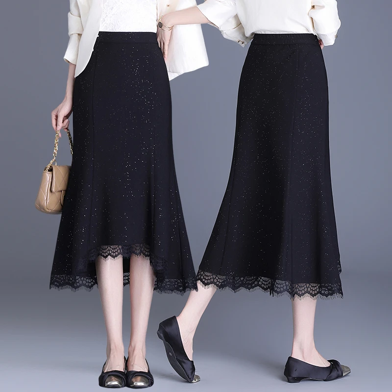 黑色鱼尾裙半身裙女春秋2025新款高腰包臀裙中长荷叶边时尚一步裙