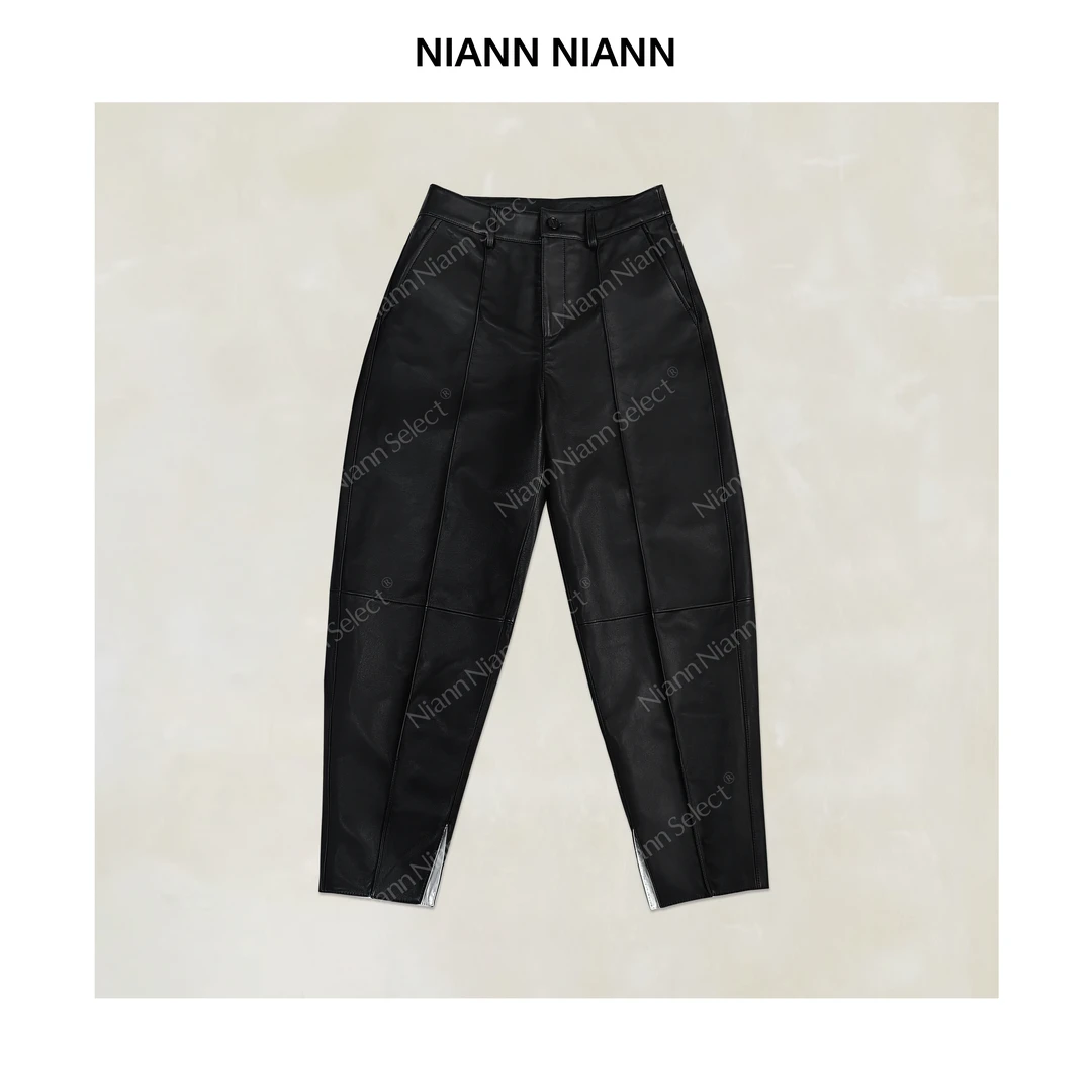 NiannNiann 新款进口土耳其羔子羊皮松紧开叉显瘦铅笔皮裤16562