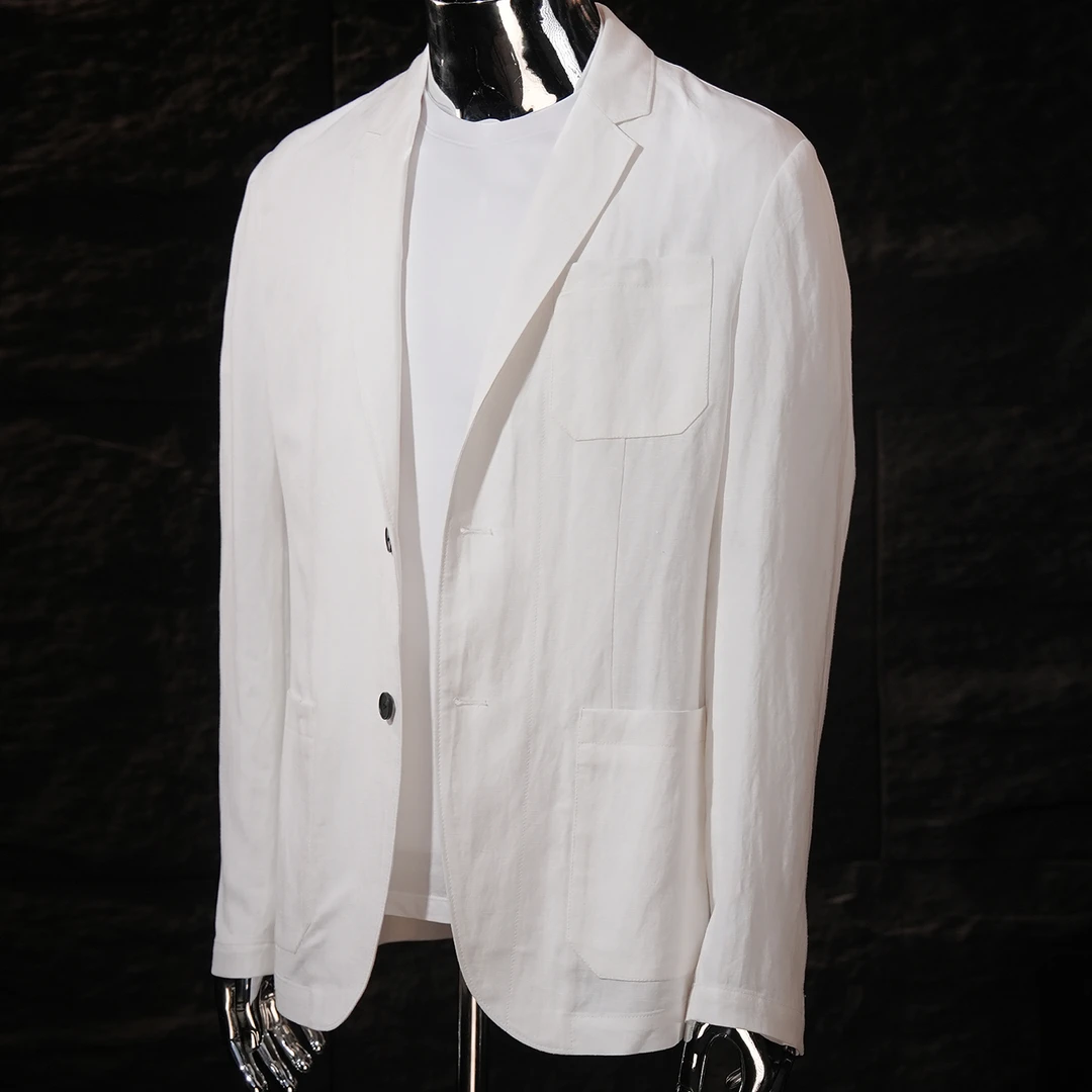 2025春季纯色休闲西服时尚修身亚麻轻薄经典西装男士外套24W2201