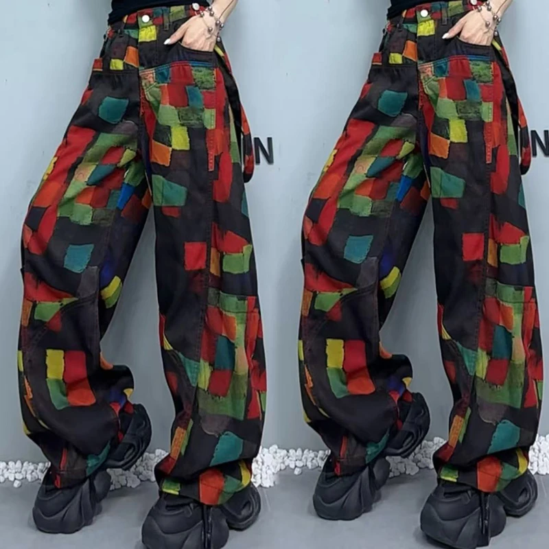 夏季新款几何弯刀背带裤时尚宽松复古阔腿裤百搭背带休闲裤-5059
