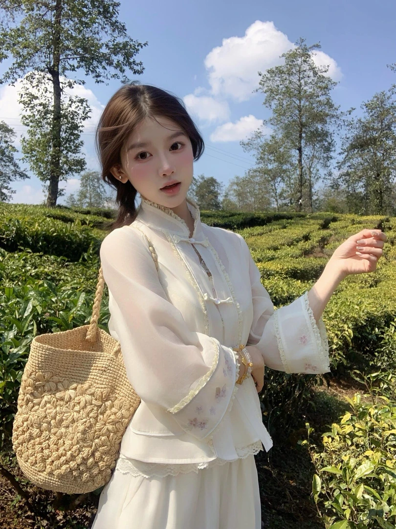 网纱层次感国风新中式微弹衬衫短款吊带上衣宽松显瘦阔腿裤套装