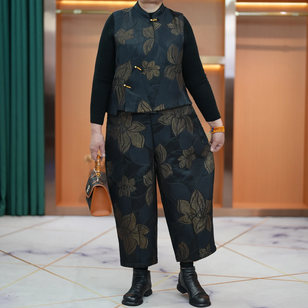 大码妈妈装金花立领马甲套装2025春新款中老年国风盘扣背心两件套
