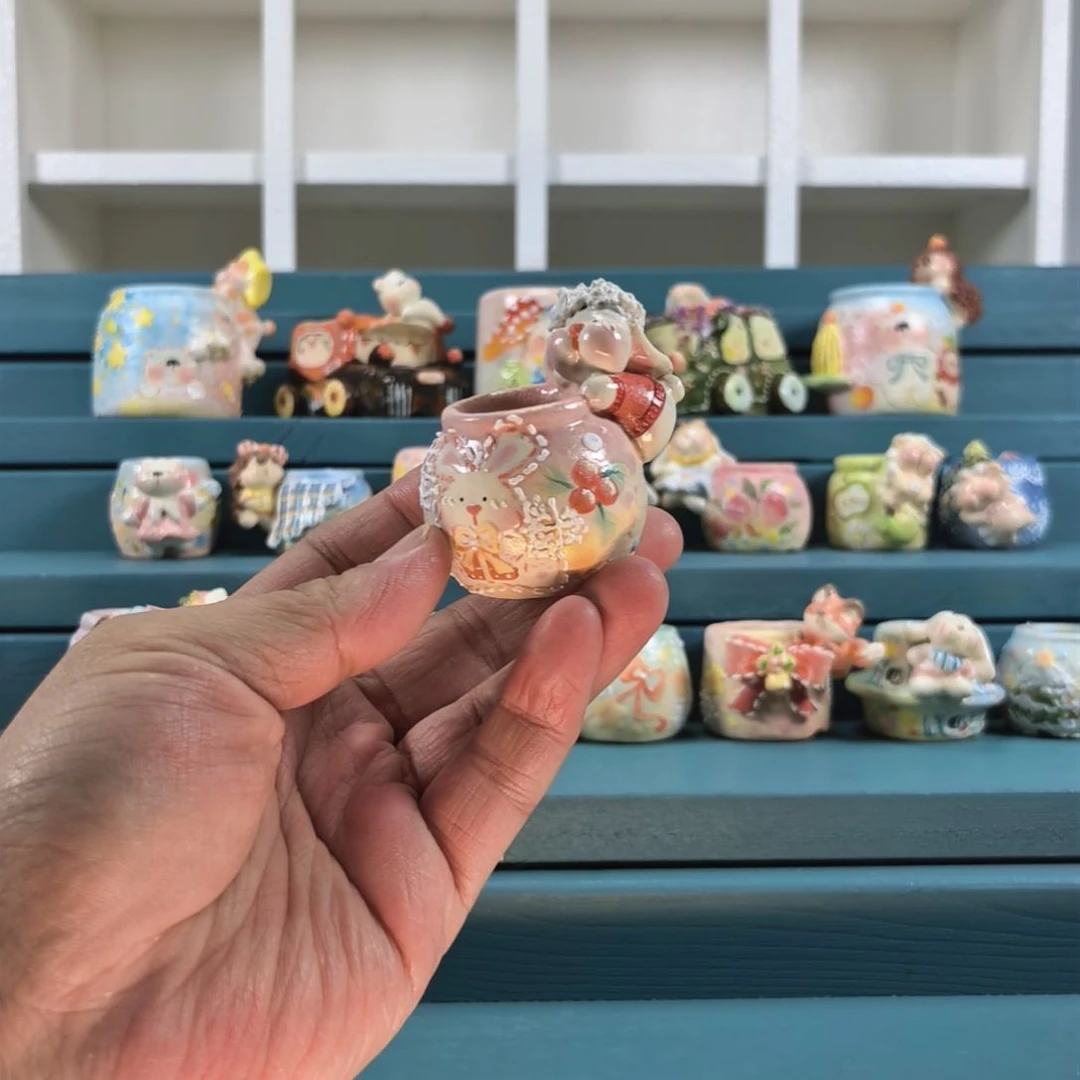 土***块粉嫩的小兔 手绘多肉花盆