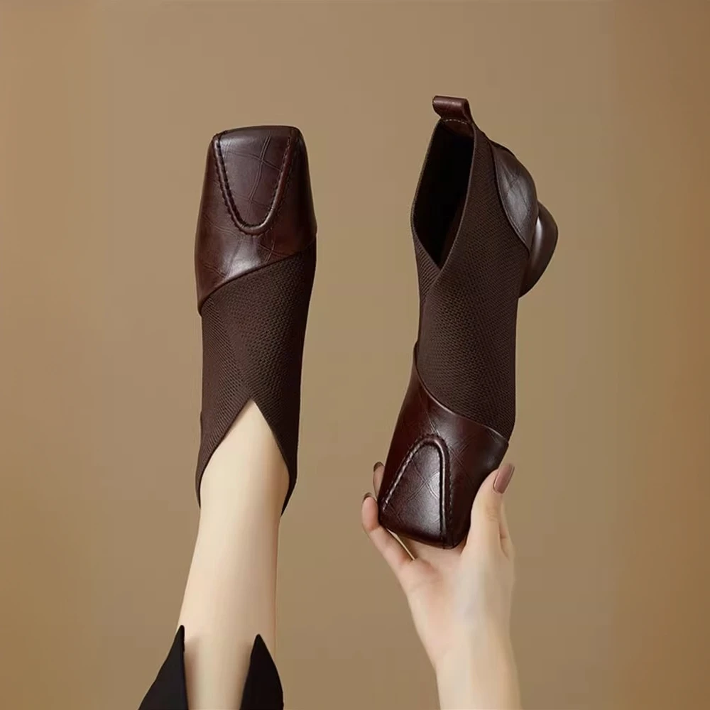 巨好穿法式深口单鞋女春秋方头中跟粗跟真皮毛线口弹力加绒及踝靴