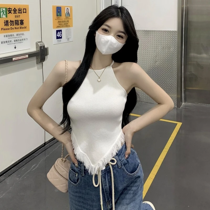 2025新款小众挂脖流苏上衣黑色不规则冰丝针织小吊带背心内搭女