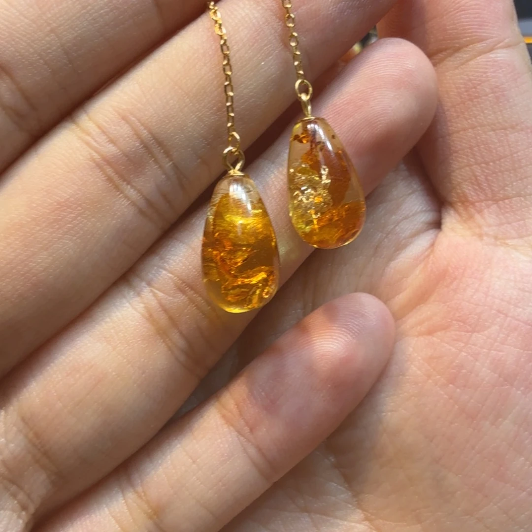 未镶嵌琥珀耳饰老*头天然花珀耳钩