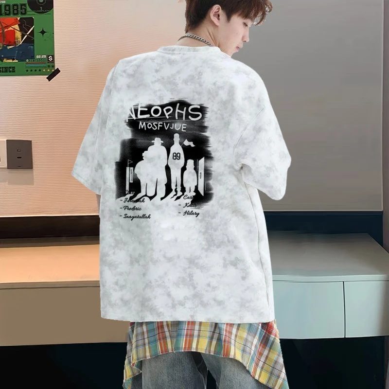 美式高街全棉扎染短袖t恤男女同款宽松大码ins潮牌设计感情侣半袖