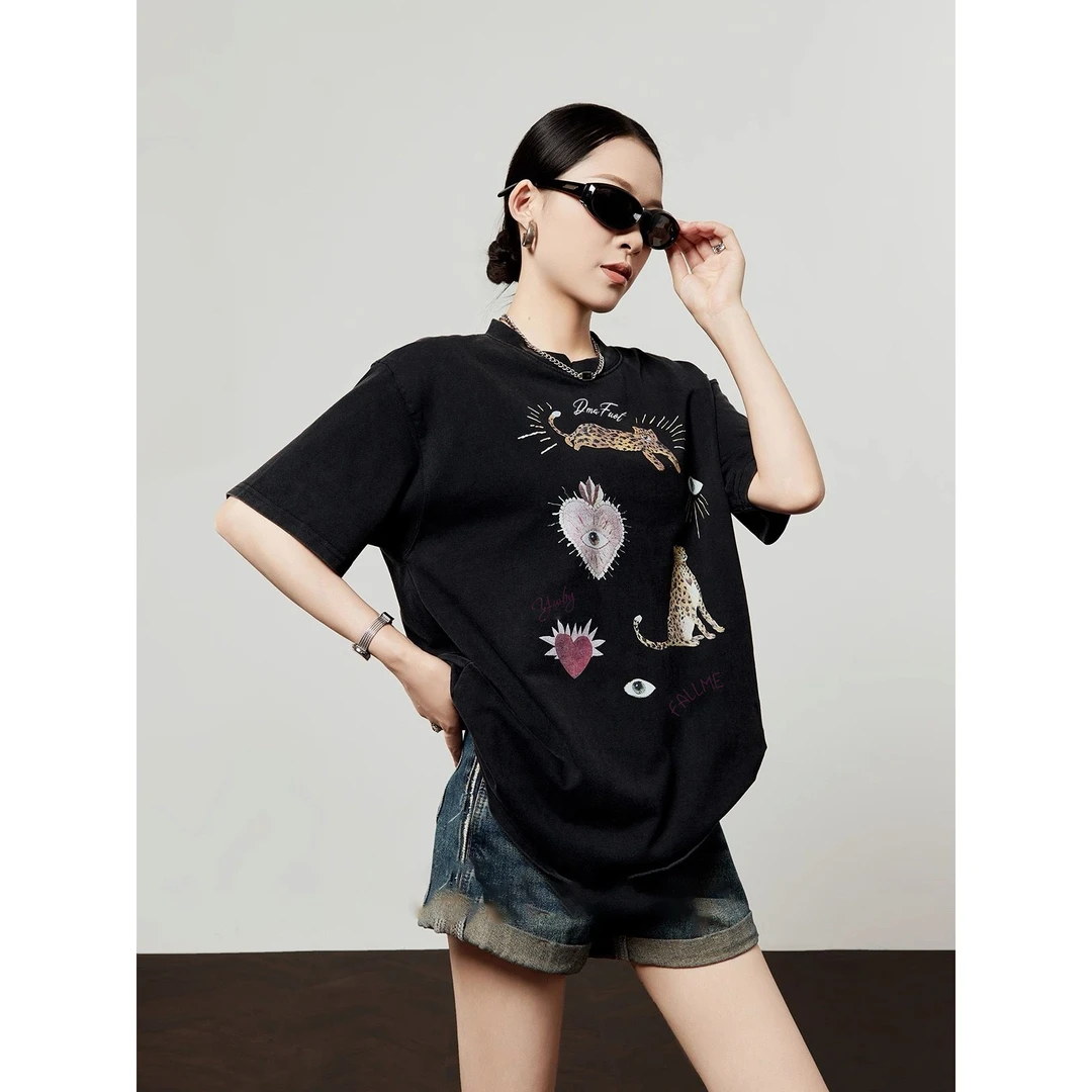夏季新款女装宽松休闲百搭抽象卡通印花短袖女T恤圆领纯棉上衣女