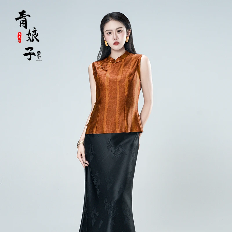 青娘子-香云纱(柳晶)印花斜襟新中式复古中国风立领短马甲61241