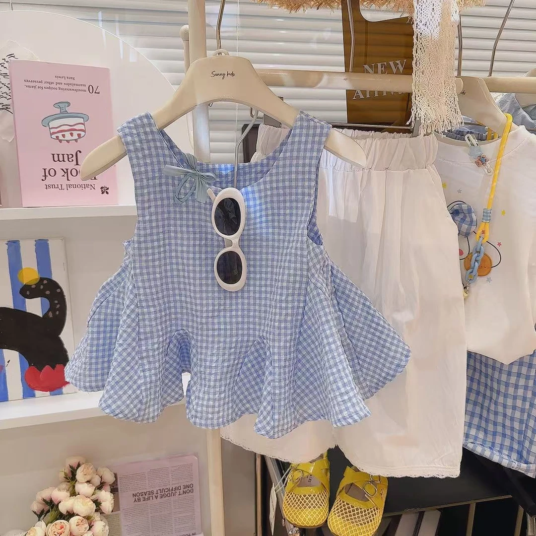 2025夏季新款格子裙七分裤儿童女童休闲背带洋气套装（下单送发圈）