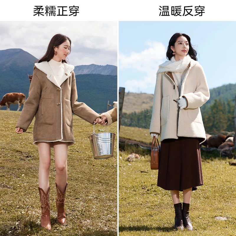 W844220短外套 香影两面穿连帽外套女秋冬仿生风大衣