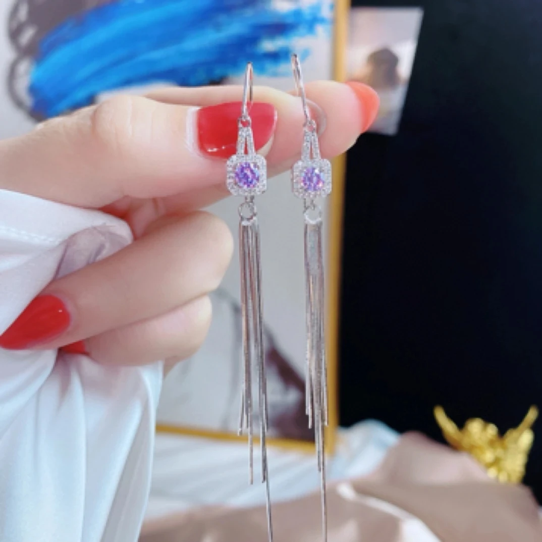 925银耳饰 S925银长款流苏方钻耳线紫色紫气东来满钻耳线