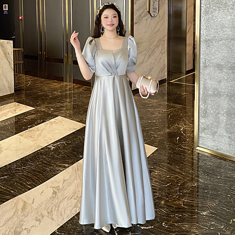 大码伴娘服礼服灰色缎面夏季短袖胖mm200斤显瘦高级姐妹团礼服裙