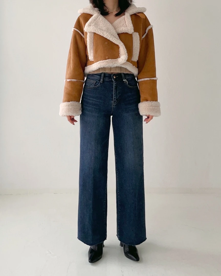 H.L【冬/加绒】【微阔腿】爱心 #1052 高腰牛仔裤女显高显瘦复古做旧