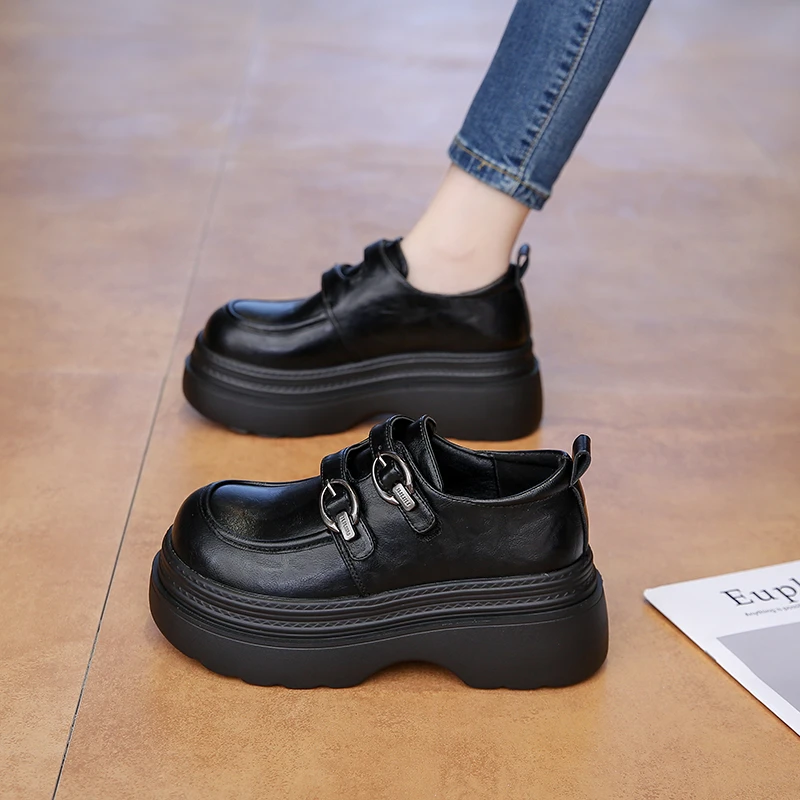 真皮厚底乐福鞋女2025秋季新款小个子增高魔术贴单鞋英伦乐福鞋女