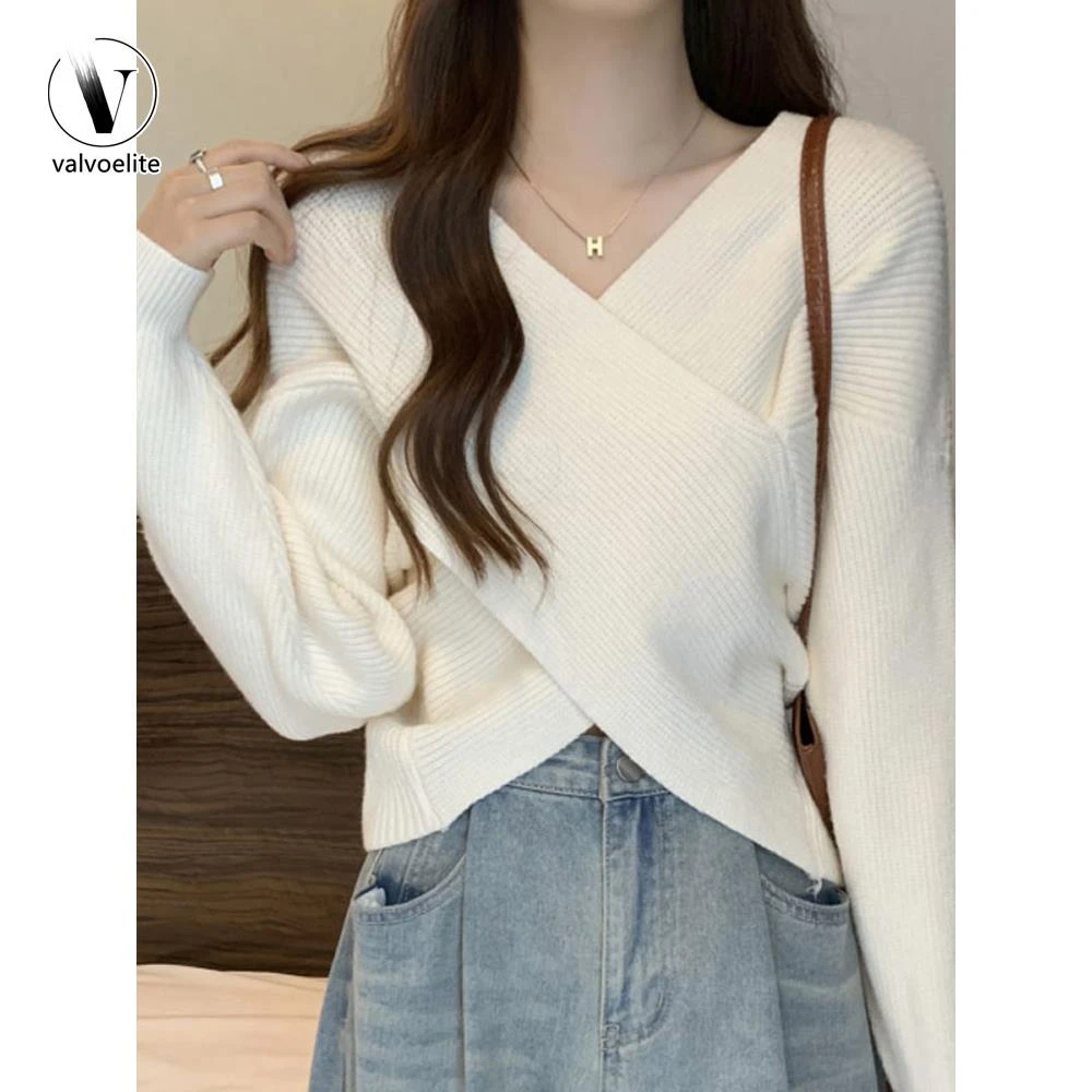 VALVOELITE不规则交叉领秋冬女式针织衫宽松慵懒短毛衣设计上衣潮