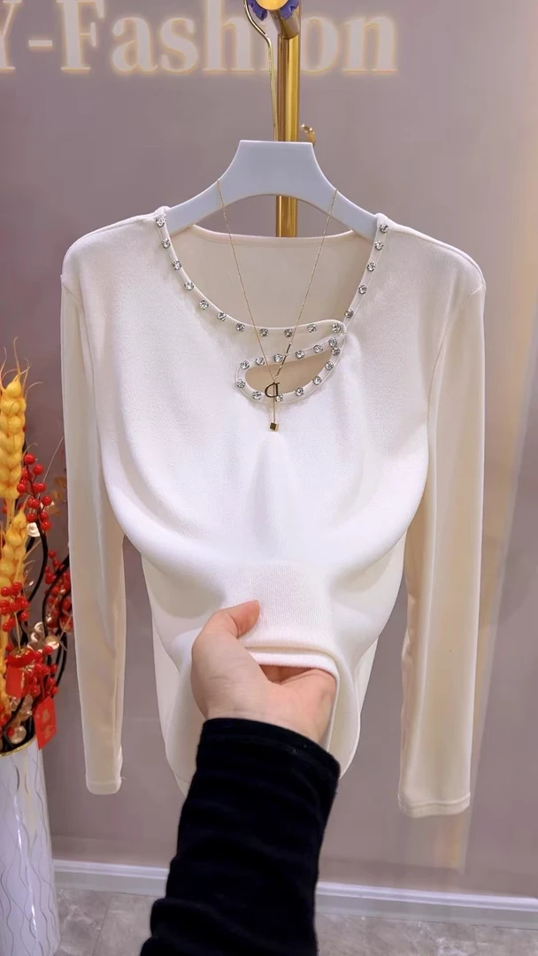 2024年.冬新双面磨毛2321镂空钉钻长袖打底女装气质百搭保暖洋气