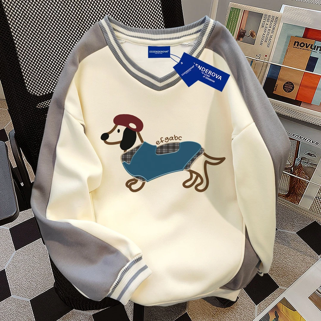 美式简约气质爆款拼接V领卫衣女秋冬季宽松流行显瘦加绒加厚上衣