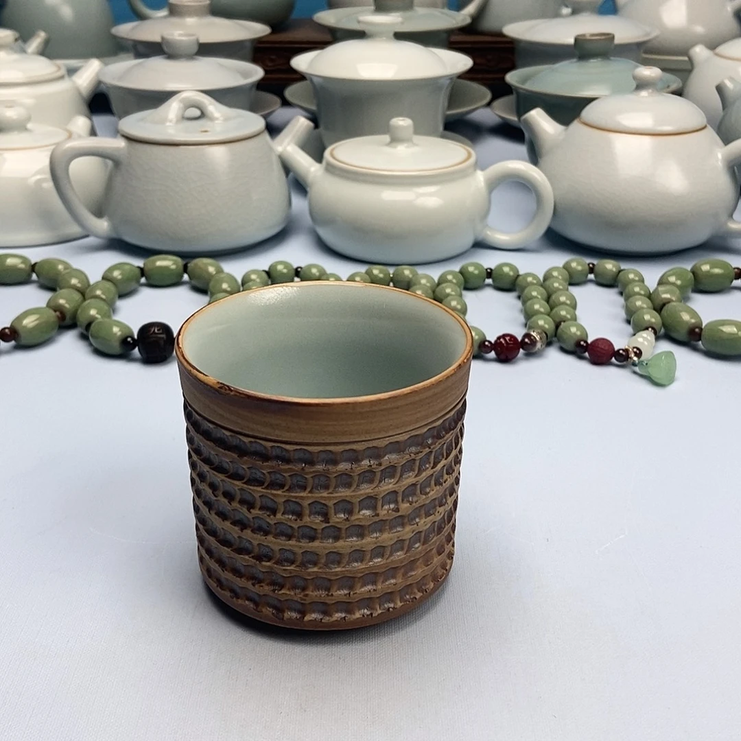 杯孤品微瑕重工跳刀天青直桶杯原矿原釉原产地