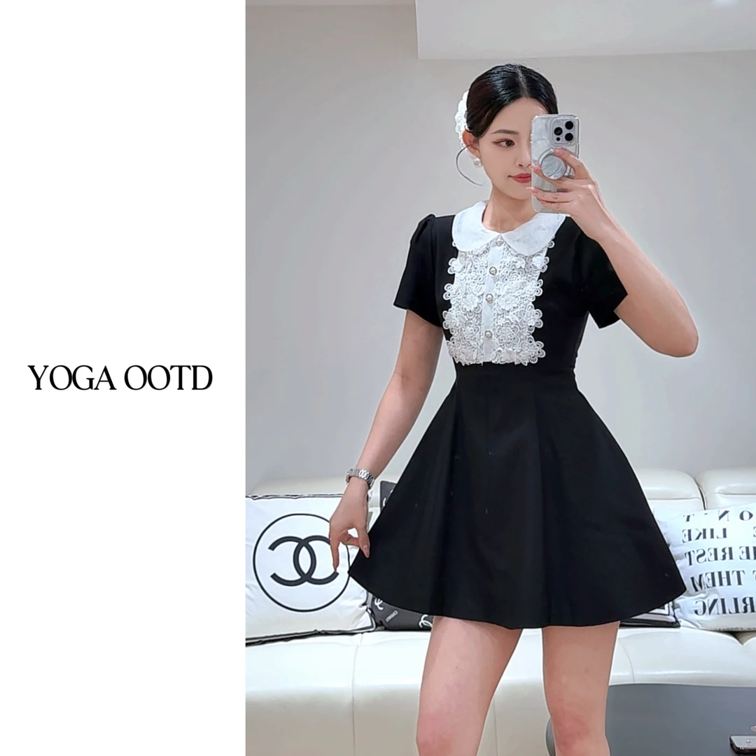 【柔嘉Yoga】miu*同款娃娃领蕾丝西装小黑裙收腰短袖连衣裙夏季