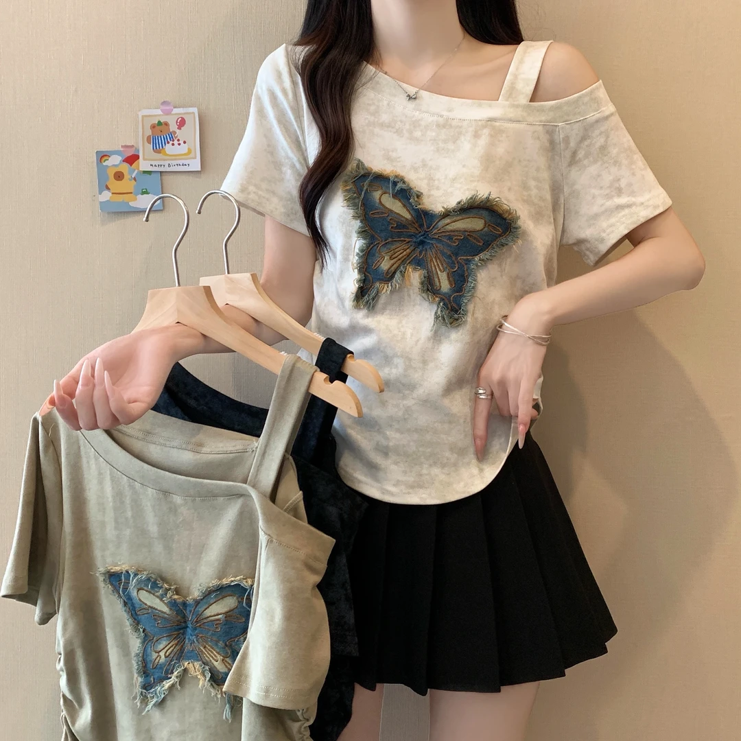 2025夏季新款大码女装胖MM扎染蝴蝶贴片露肩T恤上衣