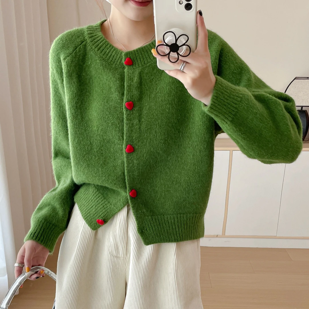 爱心撞色单排扣针织圆领毛衣开衫女2025新款宽松软糯上衣外套韩版