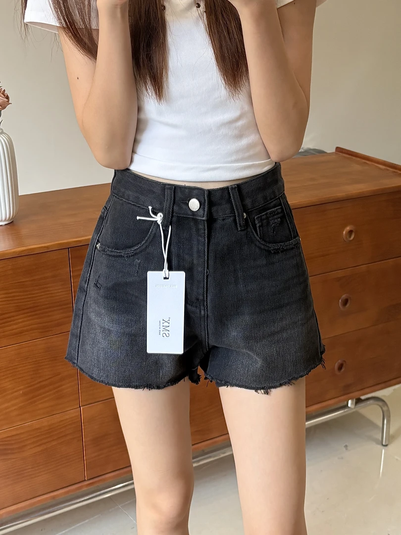 【69036】夏季高腰无弹力三分短裤 不规则磨破裤脚边
