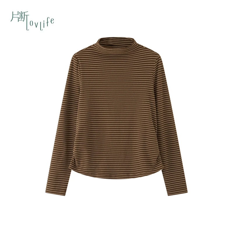 片断T恤女2023冬季新款简约经典条纹抽褶设计收腰显瘦百搭上衣