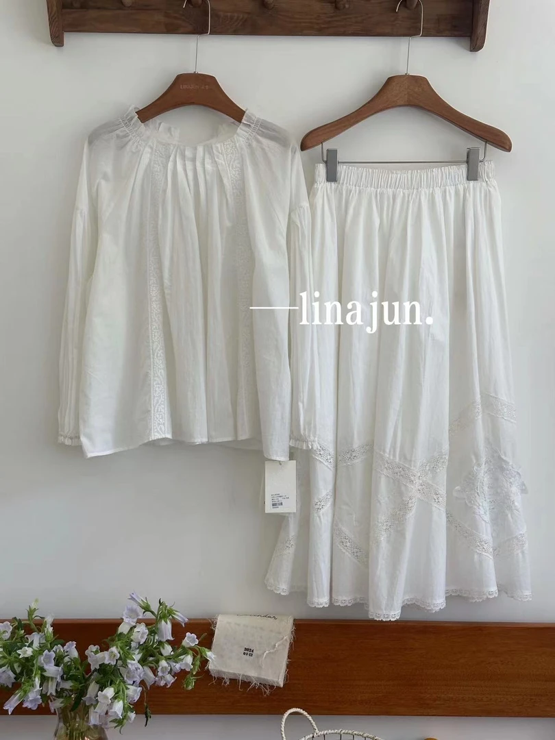 8.12秋棠春季新款设计感小众刺绣后背绑带长袖衬衫拼接半身裙