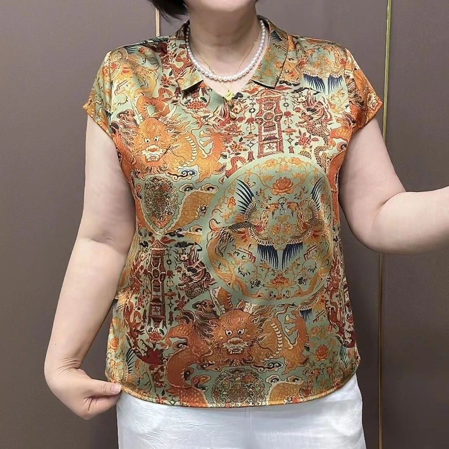 新中式娃娃领妈妈装夏季龙凤呈祥小衫女2025新款民族风遮肚上衣女