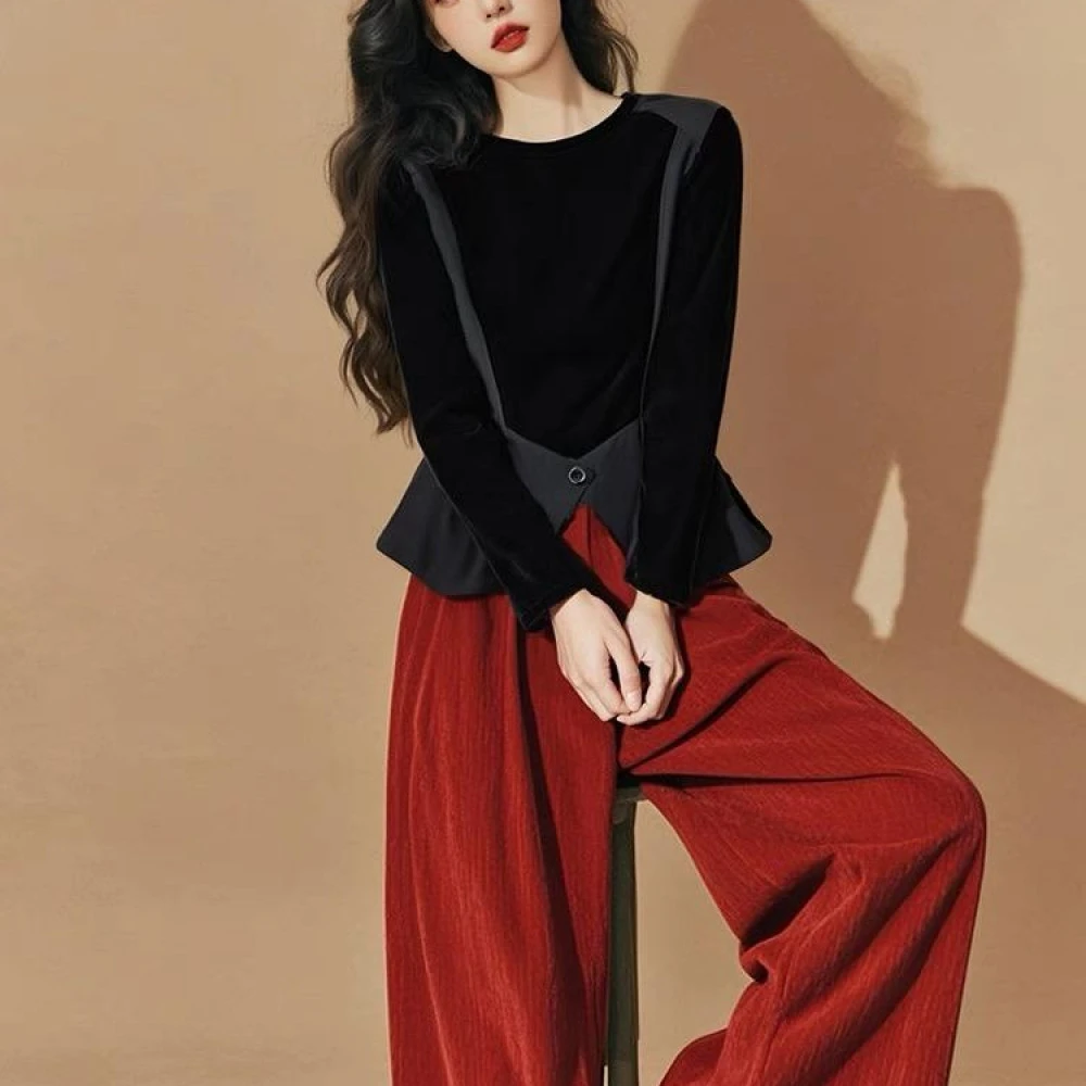 2025小香风漂亮大方得体穿搭黑色假两件丝绒衬衫阔腿裤两件套