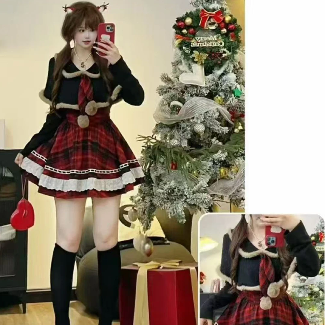 【肉肉家】大码胖MM甜美学院设计感毛绒斗篷套装格子半身裙两件套