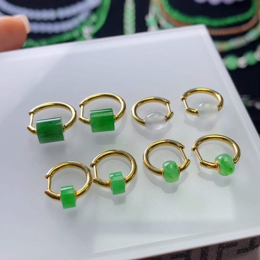 翡翠18K金镶嵌耳饰顶珠小耳包 多样性发其一