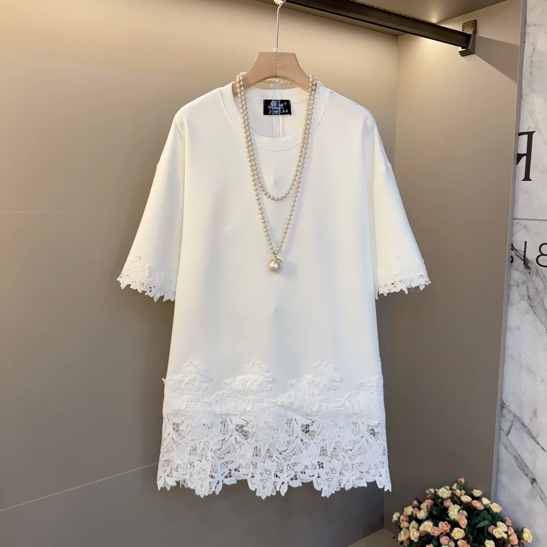 圆领新款拼接蕾丝花边设计感大码女装宽松时尚洋气百搭上衣短袖T