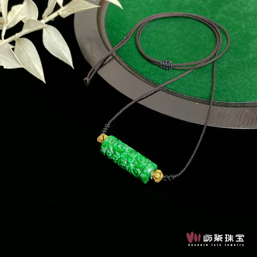 【要努力】A1086 翡翠18k金镶嵌 干青18k黑绳颈饰22x9