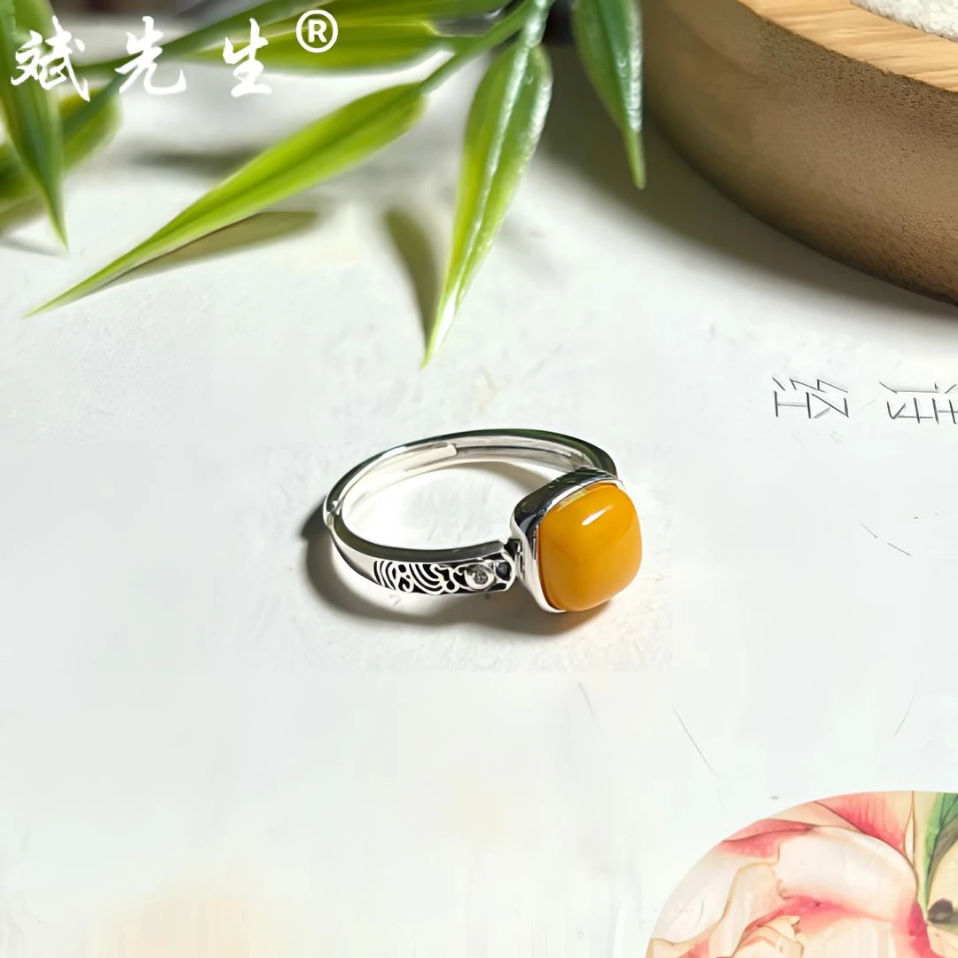【斌先生】天然蜜蜡 925银方糖凤凰戒指 开口可调节