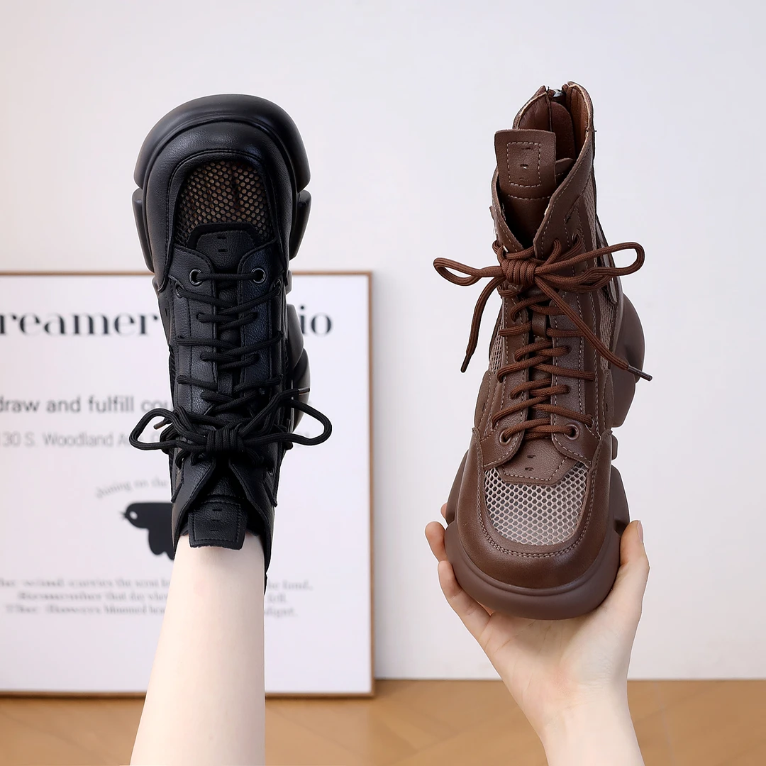 网纱马丁靴女2025夏季新款镂空透气网靴松糕厚底软底百搭网面凉靴