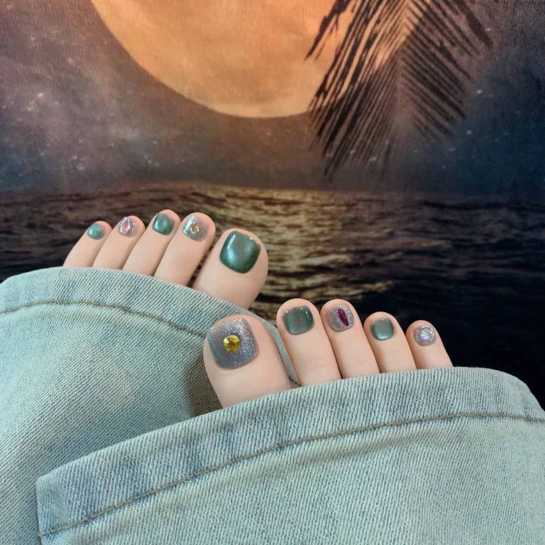 48E（12片纯手工脚趾甲)绿色猫眼小钻牢固重复用显白穿戴脚指甲贴