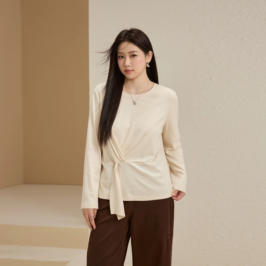 【系带设计】纤莉秀大码女设计感别致优雅知性百搭圆领T恤QK3473