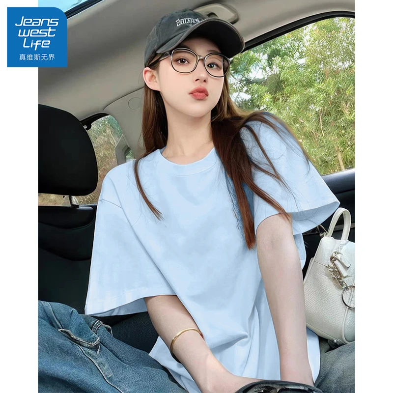 真维斯无界蓝色宽松圆领短袖女生百搭休闲纯棉设计感半袖春夏新款
