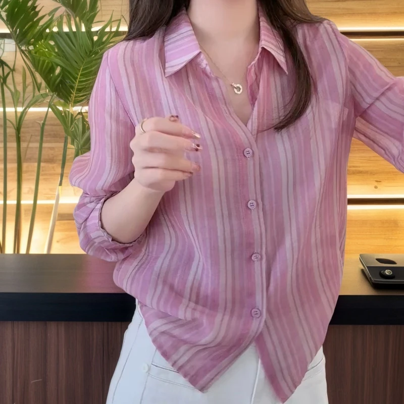 洋气氛围感粉色竖条纹衬衫时尚减龄显瘦衬衣LK2507037