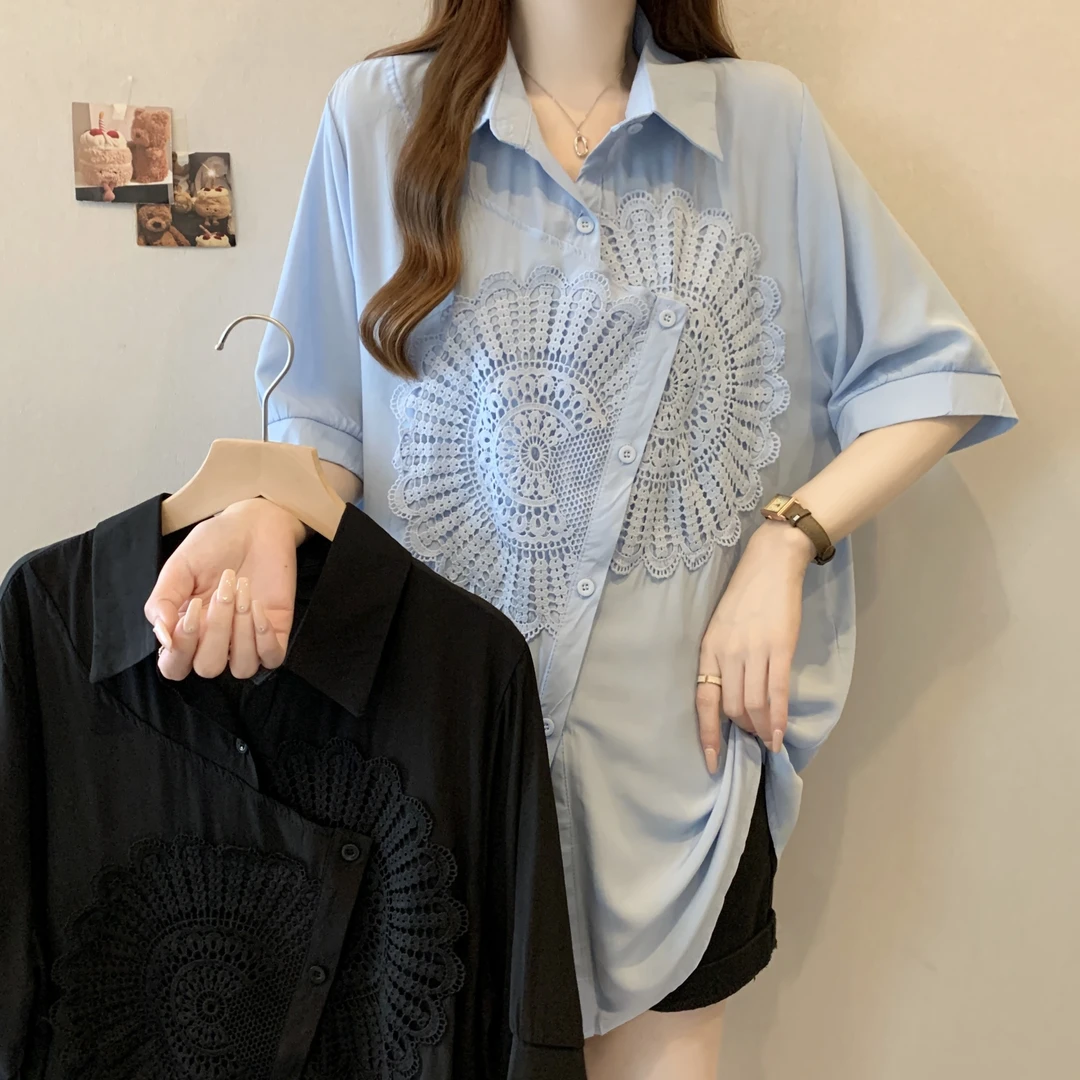 不规则设计感翻领短袖衬衫女夏气质遮肚显瘦钩花衬衣-XUNX6351