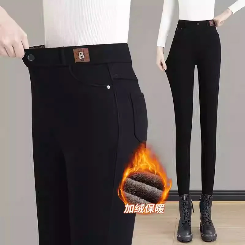 2025外穿小黑裤女加绒加厚打底裤女裤秋冬小脚裤加绒紧身高腰长裤