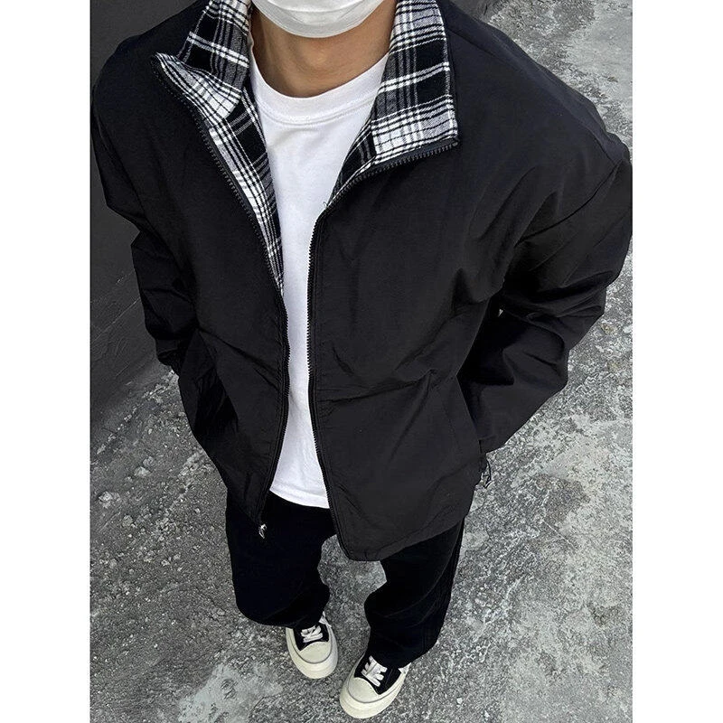 fitcheck黑白格子拼接外套男夏季薄款无帽立领防晒衣运动休闲夹克