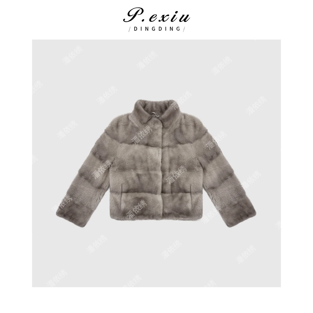 PanYiXiu/潘依绣进口丹麦银兰本色小立领水貂皮草外套HT2508