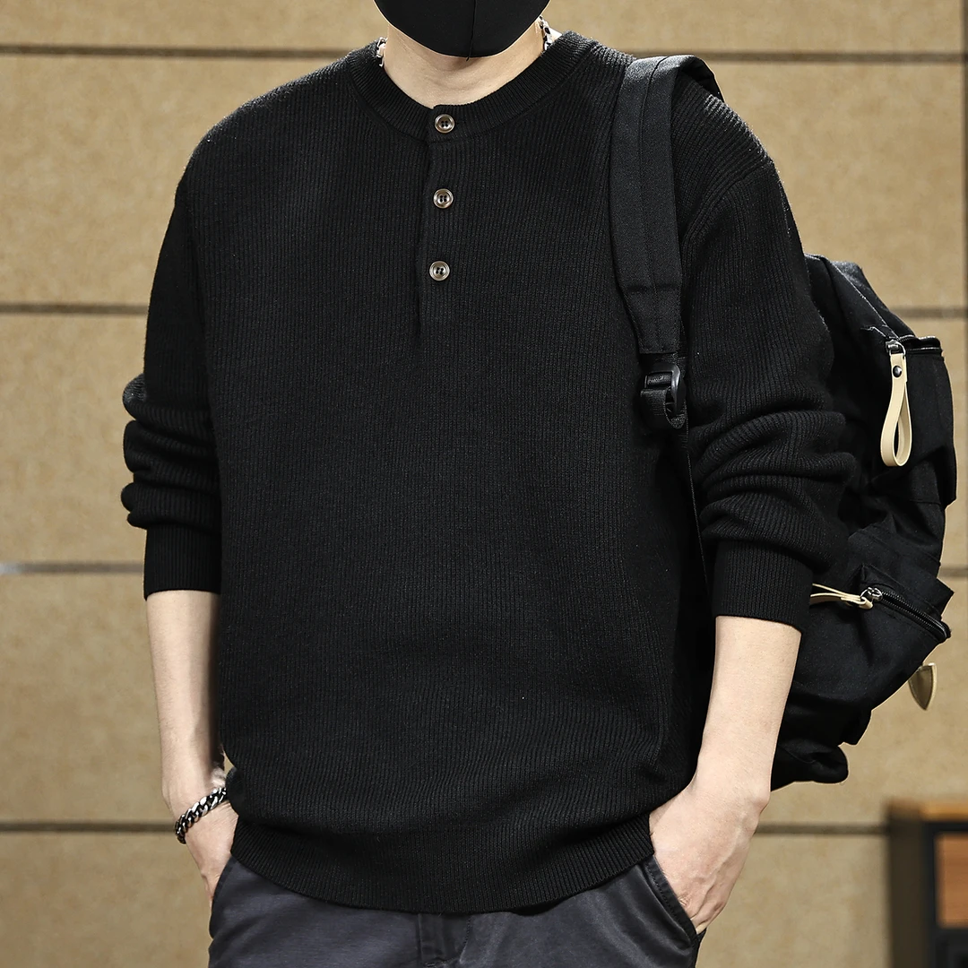 美式亨利领黑色毛衣男秋冬季潮牌圆领纽扣套头宽松内搭针织衫外套