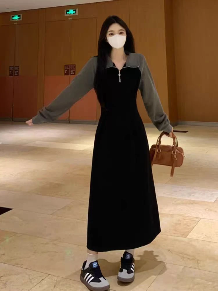 翻领高腰成人长袖拼接大码连衣裙通勤风春秋季新款遮肉显瘦中长裙